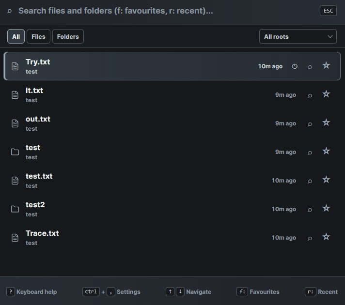 Typing a few characters in Trace narrows the list of indexed files and folders as each key is pressed